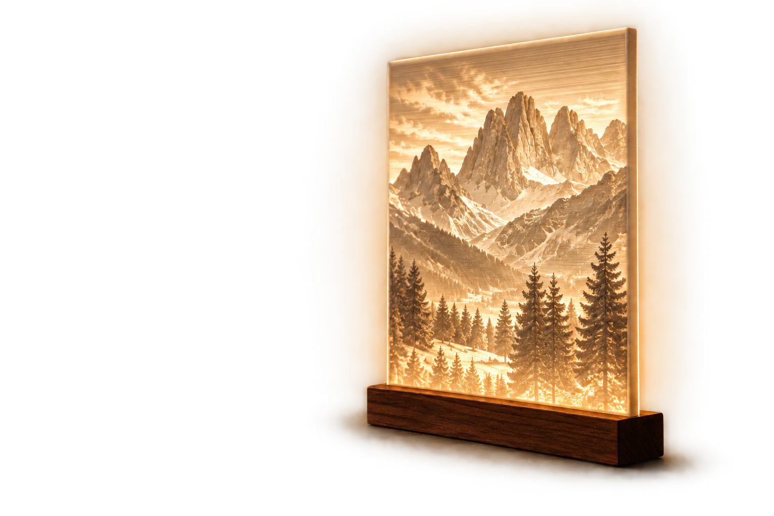 Produktvisualisierung: warm beleuchtete Lithophane mit Bergmotiv auf dunklem Holzsockel