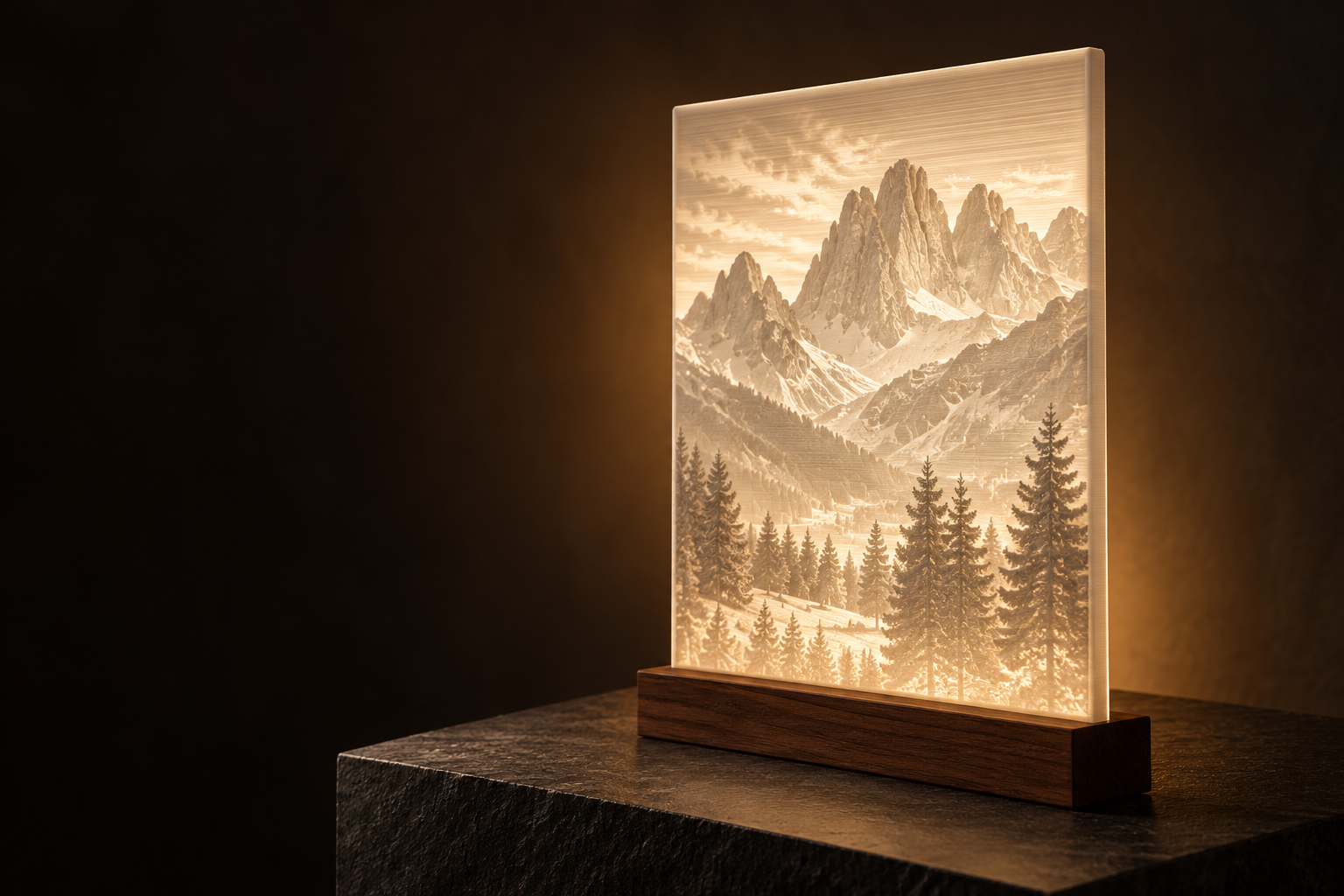 Visualisierung einer leuchtenden Berglandschaft als Lithophane